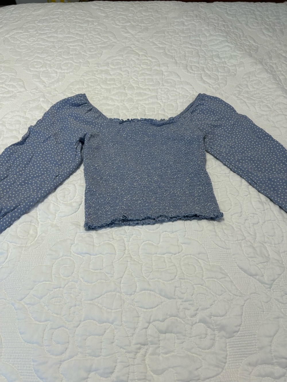 American Eagle Blue Smocked Off-Shoulder Crop Top with Polka Dot Sleeves